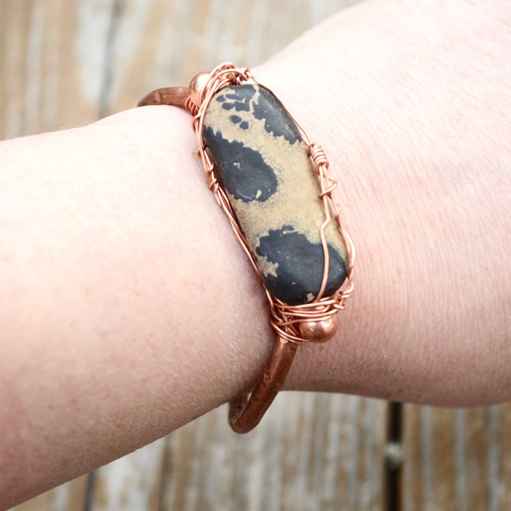 Leopard Cheetah Jasper Solid Copper Cuff Bracelet - Picture 1 of 7
